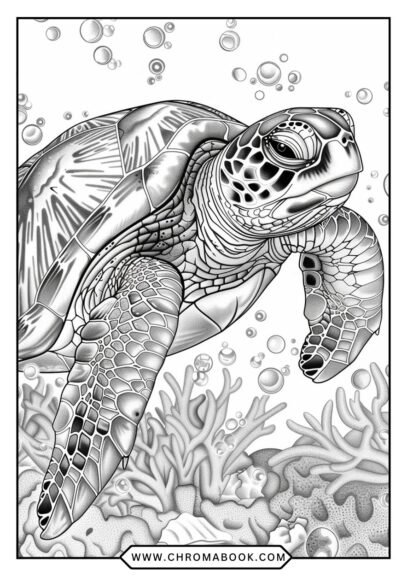 A detailed sea turtle coloring page featuring intricate patterns and designs, perfect for relaxation. Free printable for creative fun!