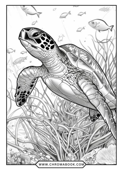 A detailed sea turtle coloring page featuring intricate patterns and ocean elements, perfect for relaxation. Free printable!