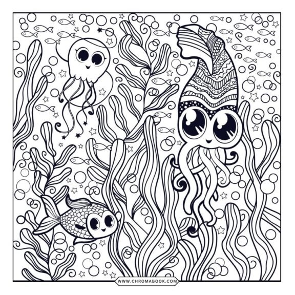 A vibrant summer-themed coloring page featuring intricate floral patterns and playful animals, perfect for a free printable activity.