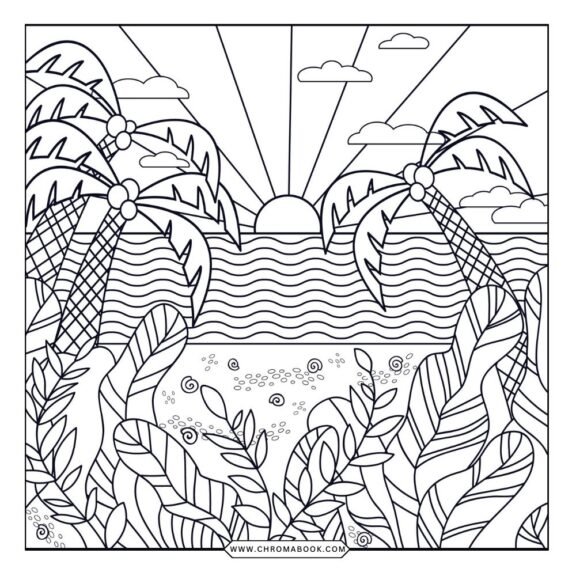 A vibrant summer-themed coloring page featuring intricate flowers and playful animals, perfect for relaxation. Free printable!