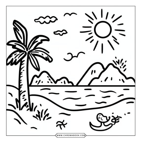 A vibrant summer-themed coloring page featuring playful animals and blooming flowers, perfect for relaxation. Free printable!