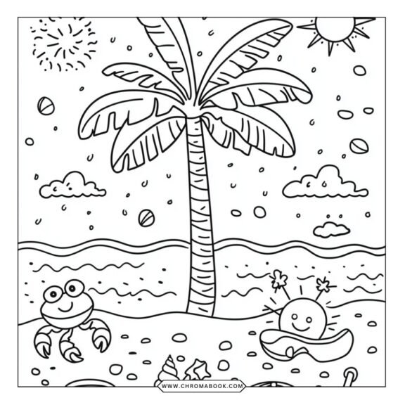 A vibrant summer-themed coloring page featuring intricate flowers and cheerful sun motifs, perfect for relaxation. Free printable!