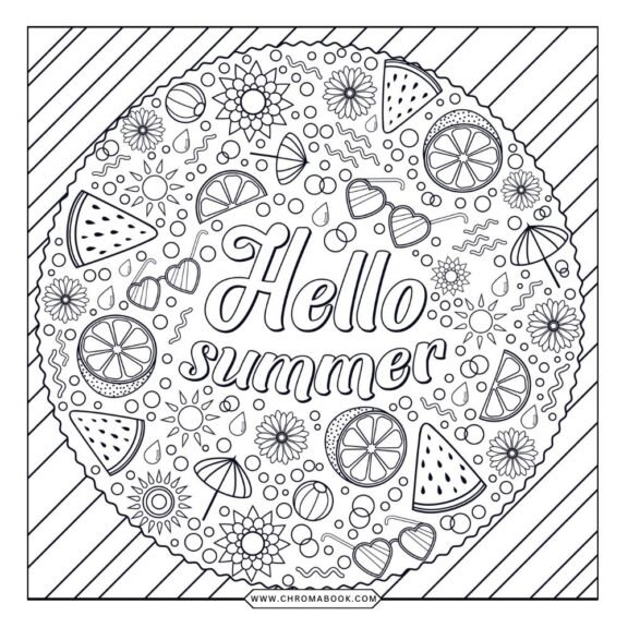 A vibrant summer-themed coloring page featuring intricate floral patterns and playful animals, perfect for a free printable activity.
