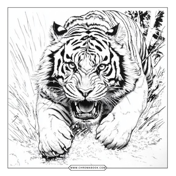 A detailed tiger coloring page featuring intricate patterns and designs, perfect for creative expression. Free printable!
