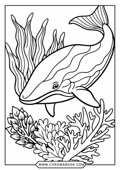 A whimsical whale swimming among intricate waves and marine patterns, perfect for a relaxing coloring page. Free printable!