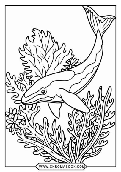 A detailed whale coloring page featuring intricate patterns and ocean elements, perfect for relaxation. Free printable!
