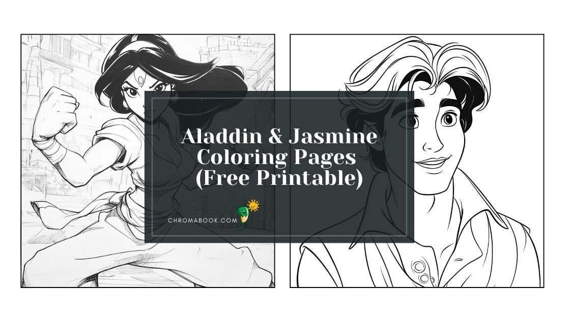 A whimsical coloring page featuring Aladdin and Jasmine in a magical setting, perfect for a free printable activity for fans.