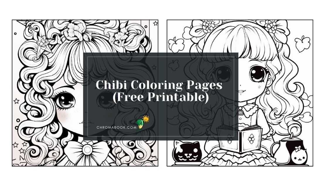 Charming chibi characters surrounded by whimsical clouds and stars, perfect for a fun coloring page. Enjoy this free printable!