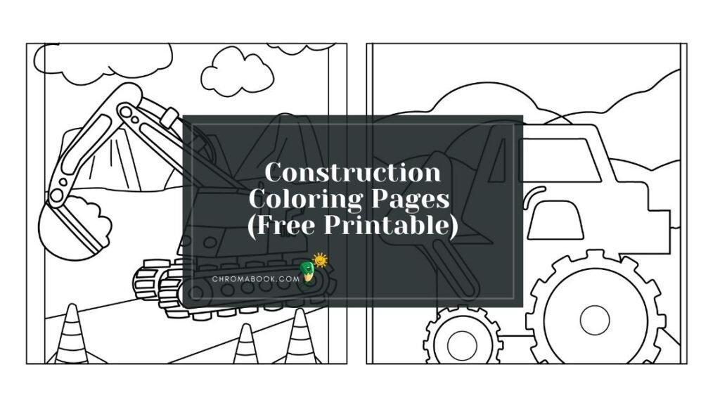 A vibrant construction-themed coloring page featuring trucks, tools, and hard hats, perfect for creative fun! Free printable.
