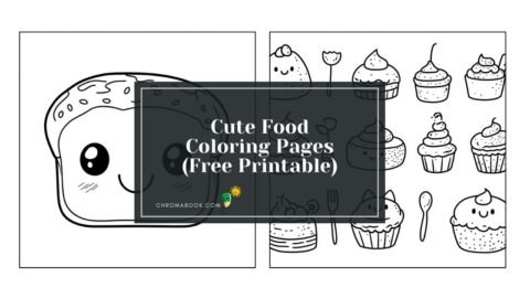 A whimsical coloring page featuring adorable food characters like smiling fruits and veggies, perfect for kids; free printable included.