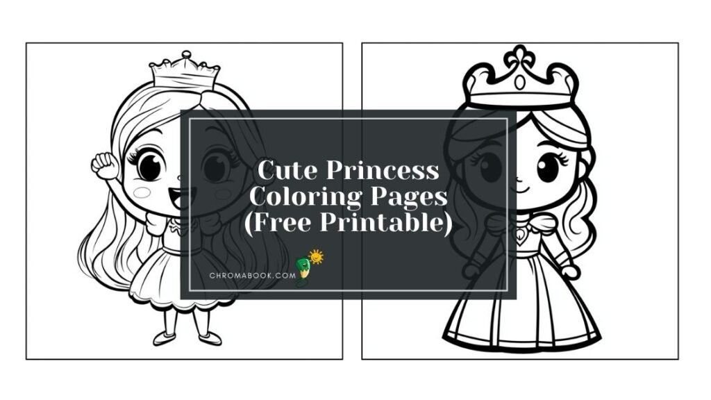 A whimsical coloring page featuring a cute princess in a flowing gown, surrounded by stars and hearts, perfect for a free printable activity.