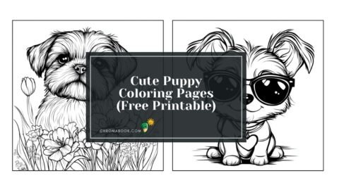 Adorable puppy surrounded by playful elements, perfect for kids. Enjoy this cute puppy coloring page, free printable for fun!