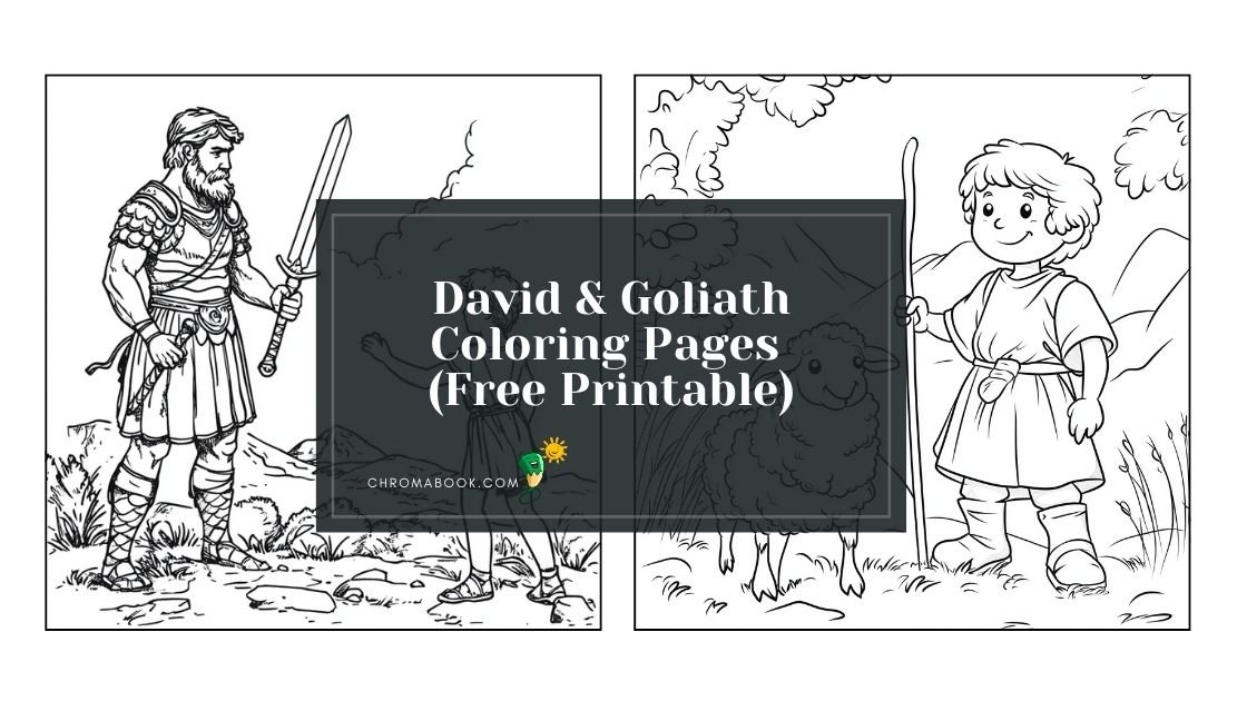 A detailed coloring page featuring the biblical scene of David and Goliath, perfect for creative expression. Free printable!
