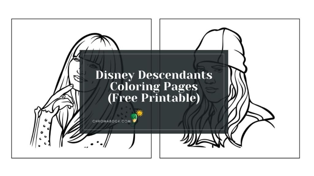 A vibrant Disney Descendants coloring page featuring iconic characters and whimsical designs, perfect for a free printable activity.