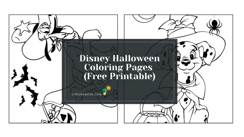 A whimsical Disney Halloween coloring page featuring iconic characters in spooky costumes, perfect for a free printable fun activity.