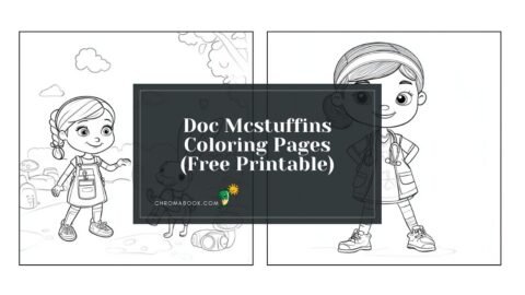 A cheerful Doc McStuffins stands with her toy friends in a fun scene, perfect for a free printable coloring page.