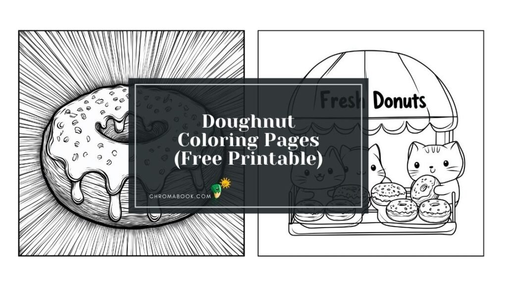A fun and whimsical donut-themed coloring page featuring various donut shapes, sprinkles, and patterns, perfect for a free printable activity.