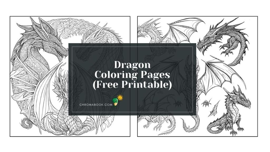 A detailed dragon coloring page featuring intricate scales and swirling flames, perfect for creativity. Free printable available!