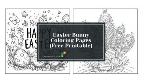 A charming Easter Bunny coloring page featuring a cute bunny surrounded by eggs and spring flowers, perfect for a free printable activity.