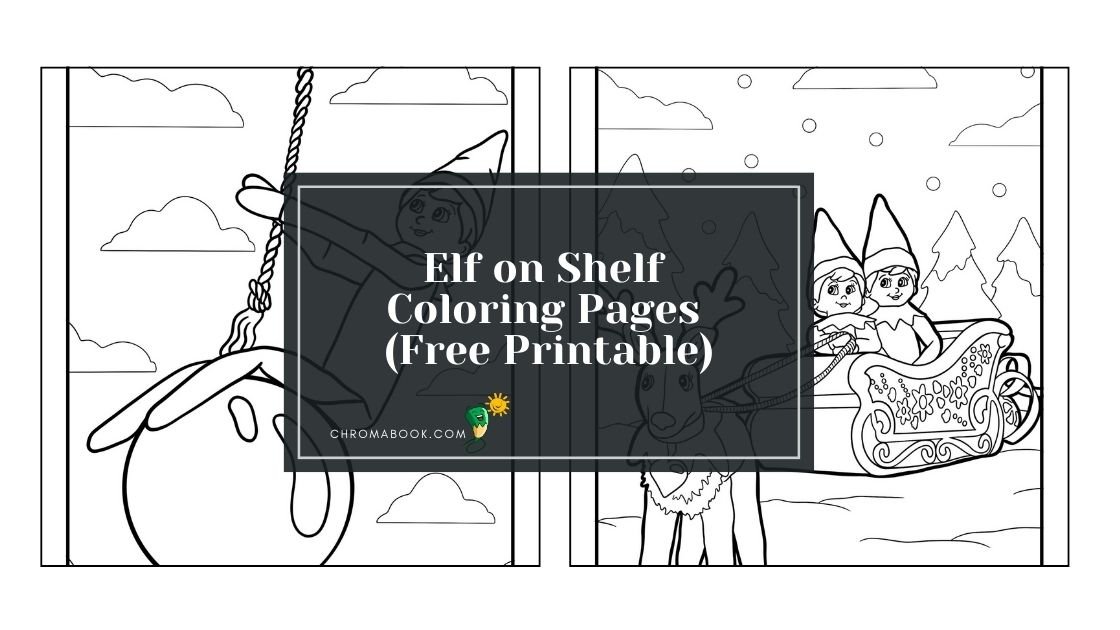Whimsical Elf on the Shelf design featuring playful elves and festive elements, perfect for a coloring page. Free printable included!