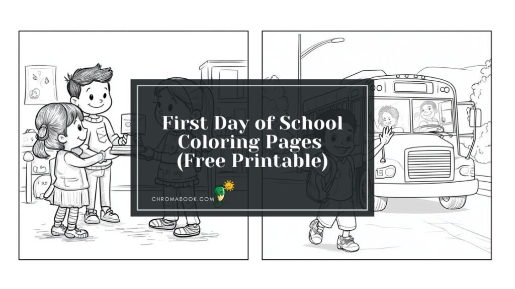 A fun "First Day of School" coloring page featuring school supplies, a cheerful classroom scene, and friendly characters. Free printable!