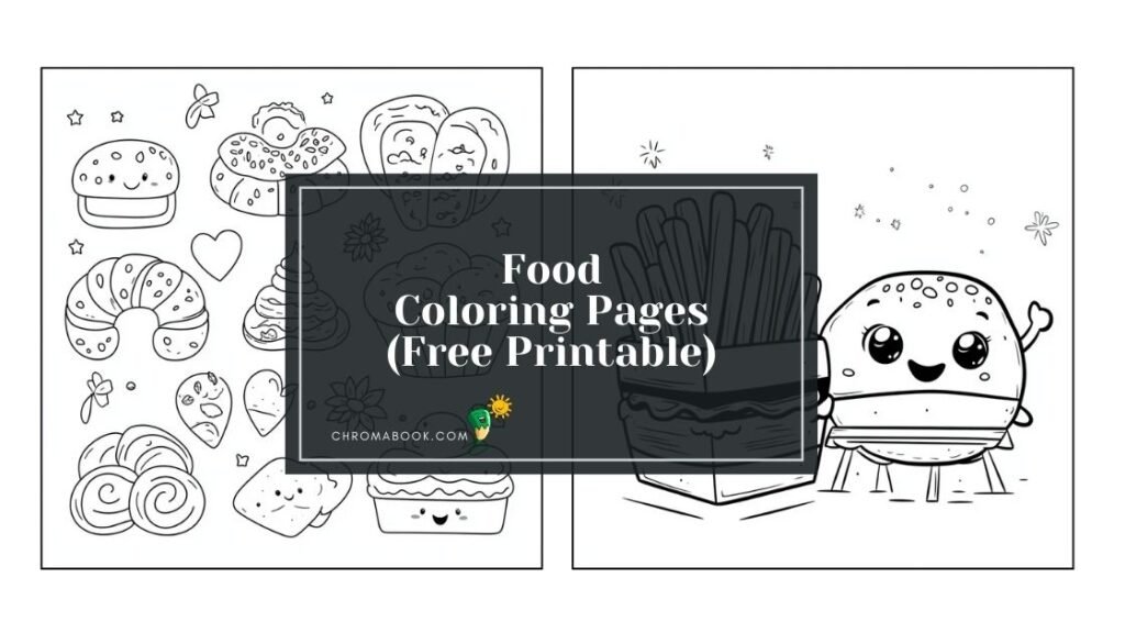 A delightful food-themed coloring page featuring various fruits, vegetables, and snacks, perfect for creativity. Free printable!