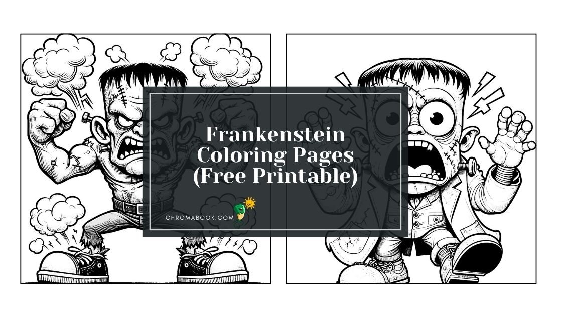 A spooky Frankenstein character stands among lightning bolts and eerie trees in this free printable coloring page. Perfect for Halloween!