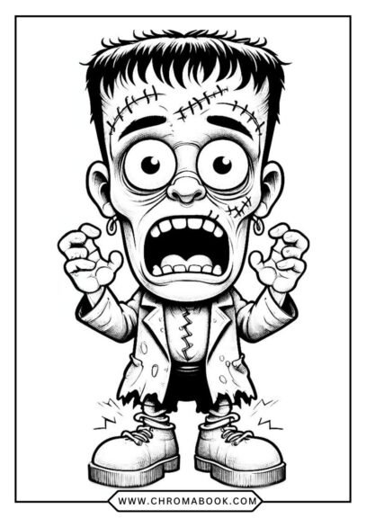 A spooky Frankenstein monster stands in a whimsical pose, surrounded by lightning bolts and ghoulish accents. Perfect for a free printable coloring page!