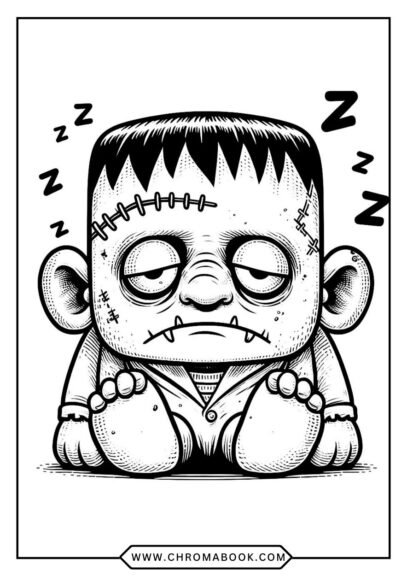 A spooky Frankenstein character stands with bolts and stitches, surrounded by eerie elements. Perfect for a fun, free printable coloring page!
