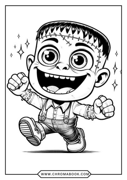 A spooky Frankenstein character with bolts and stitches, surrounded by whimsical patterns. Perfect for a fun coloring page! Free printable.