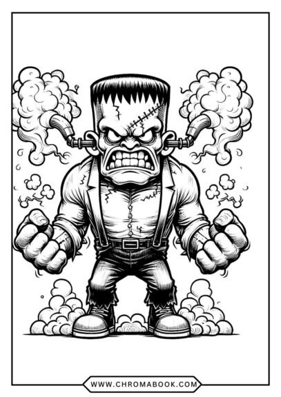 A spooky Frankenstein-themed coloring page featuring intricate designs and patterns, perfect for creative fun. Free printable!