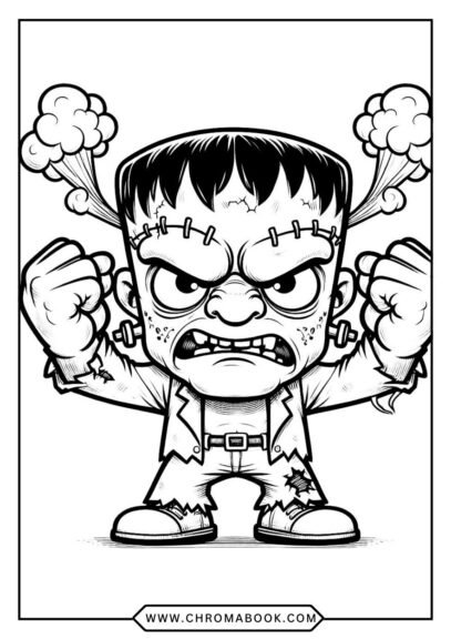 A spooky Frankenstein-themed coloring page featuring a whimsical monster design, perfect for creative fun. Free printable!