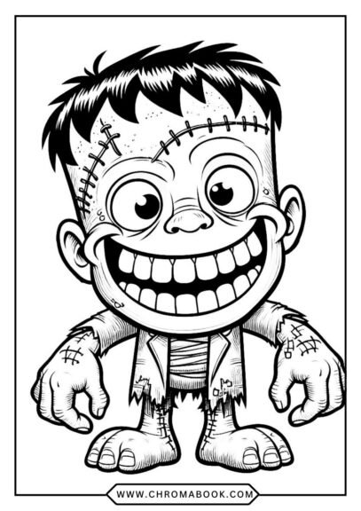 A spooky Frankenstein character with bolts and stitches, surrounded by intricate patterns. Perfect for a Halloween-themed coloring page. Free printable!