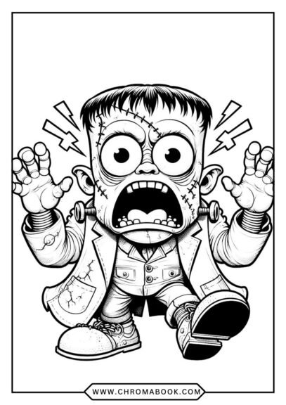A spooky Frankenstein character surrounded by intricate patterns, perfect for a fun coloring page; free printable for all ages!