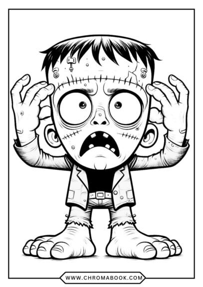A spooky Frankenstein character surrounded by intricate patterns, perfect for creativity. Free printable coloring page for all ages!