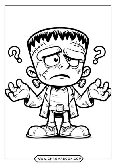 A spooky Frankenstein-themed coloring page featuring a whimsical design, perfect for all ages. Free printable for creative fun!