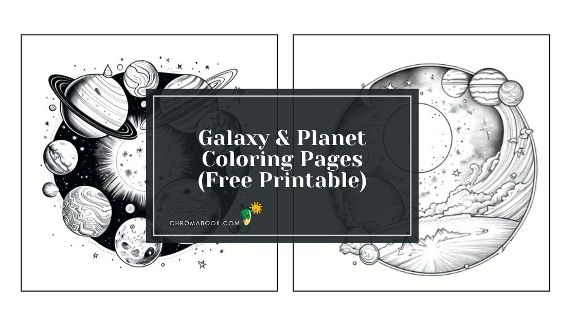A whimsical galaxy scene featuring various planets and stars for a creative coloring page. Perfect for a free printable activity!