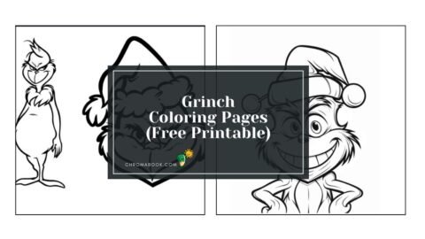 A whimsical Grinch coloring page featuring the iconic green character surrounded by festive decorations, perfect for a free printable activity.