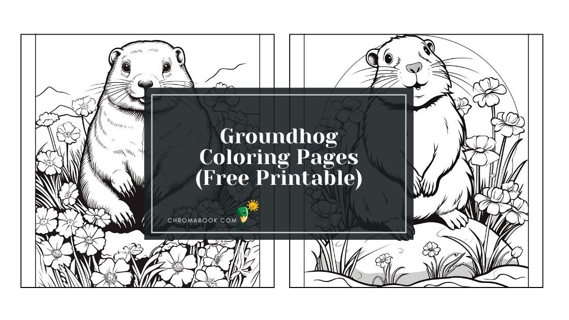 A delightful groundhog peeking out of its burrow surrounded by flowers and grass, perfect for a fun coloring page. Free printable!