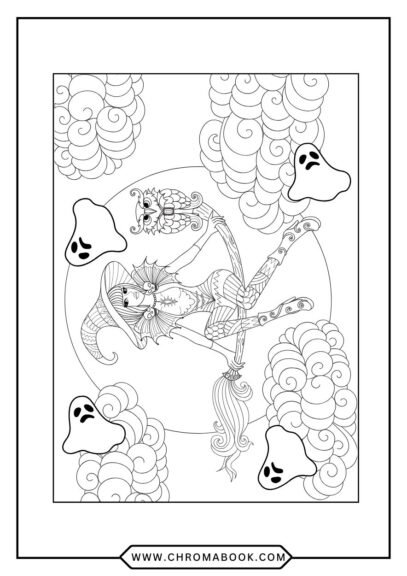 A spooky Halloween-themed coloring page featuring intricate pumpkins, ghosts, and bats, perfect for creative fun. Free printable!