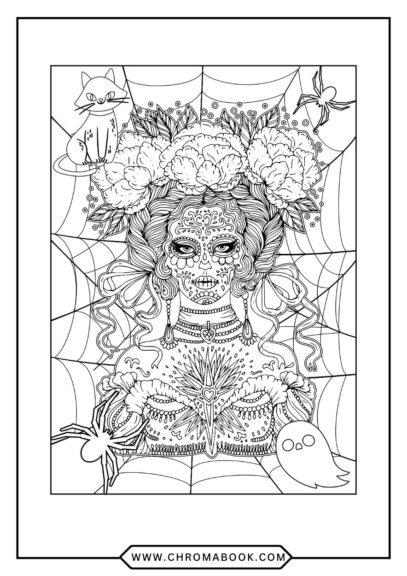 A spooky Halloween coloring page featuring intricate pumpkins, bats, and ghosts, perfect for a fun, creative activity. Free printable!