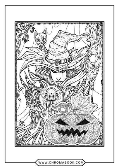 A spooky Halloween-themed coloring page featuring intricate pumpkins, bats, and ghosts, perfect for festive creativity. Free printable!