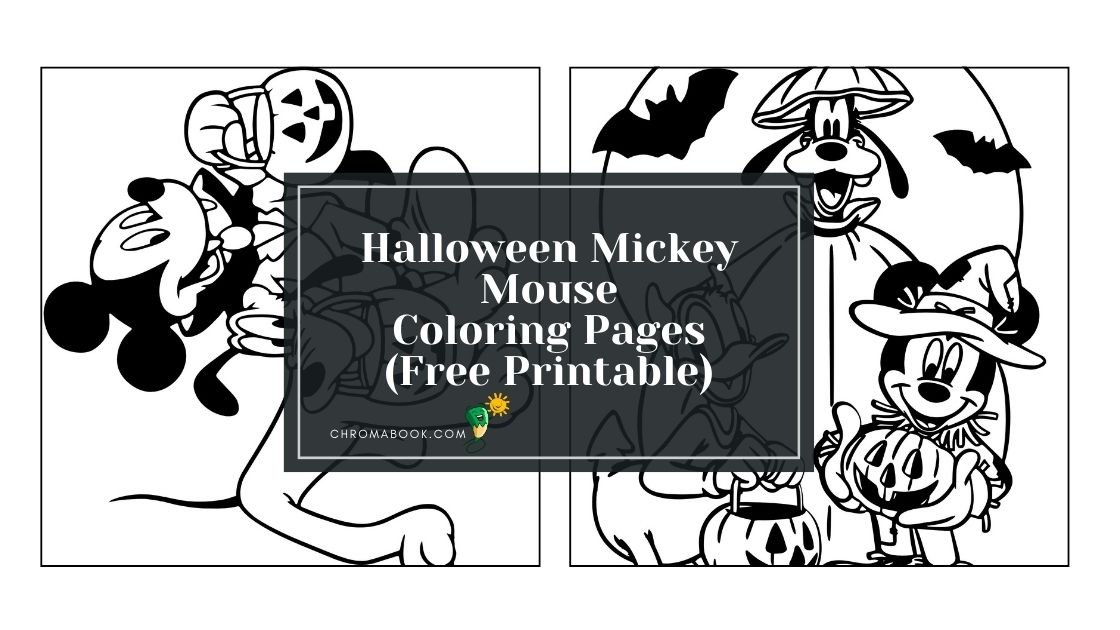 A fun Halloween-themed coloring page featuring Mickey Mouse in a spooky setting, perfect for kids. Free printable!