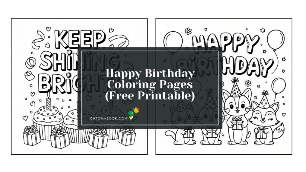 A festive birthday-themed coloring page featuring balloons, cake, and confetti, perfect for kids. Free printable for creative fun!