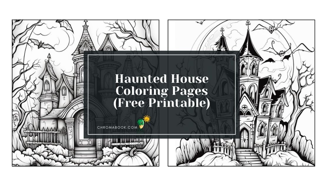 A spooky haunted house surrounded by eerie trees and bats, perfect for a Halloween theme. Free printable coloring page for creative fun!