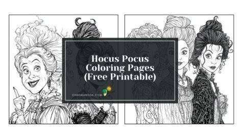 A whimsical Hocus Pocus coloring page featuring playful witches and magical elements, perfect for creative fun. Free printable!