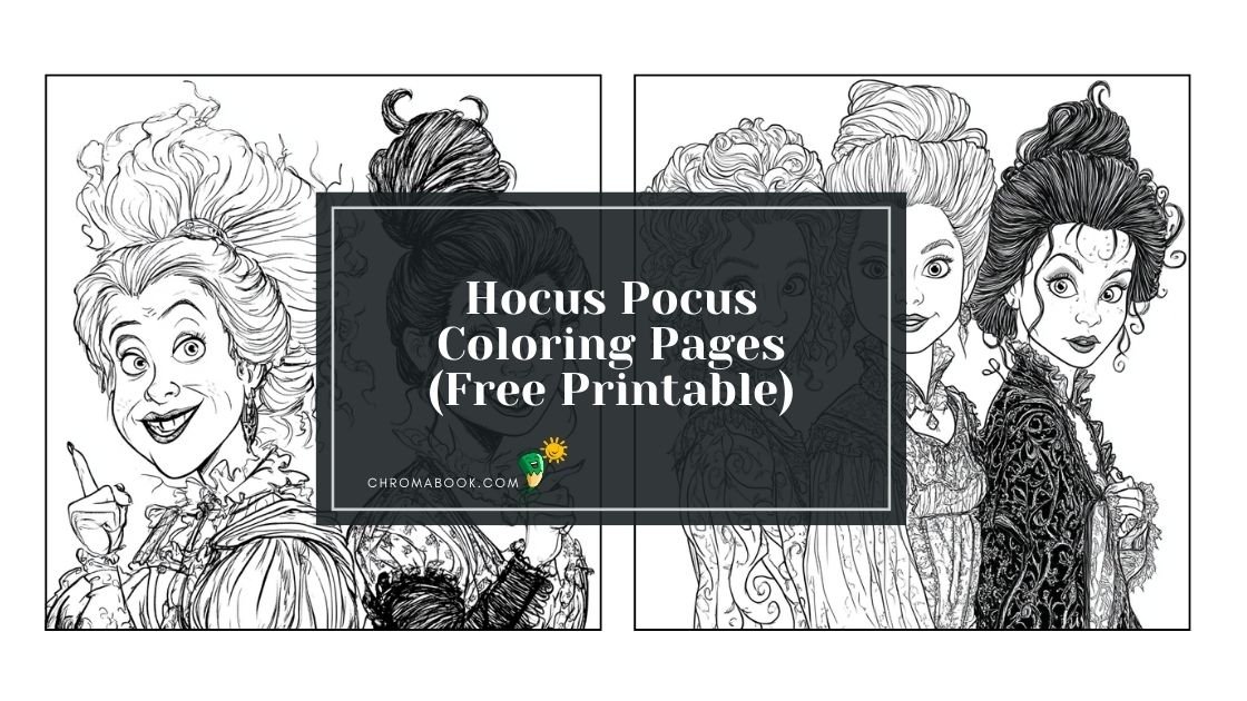 A whimsical Hocus Pocus coloring page featuring playful witches and magical elements, perfect for creative fun. Free printable!