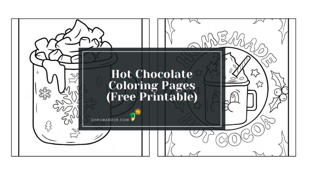 A cozy winter scene featuring a steaming mug of hot chocolate surrounded by marshmallows and festive decorations, coloring page, free printable.