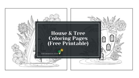 A charming coloring page featuring a cozy house beside a large tree, perfect for creative expression. Free printable design.