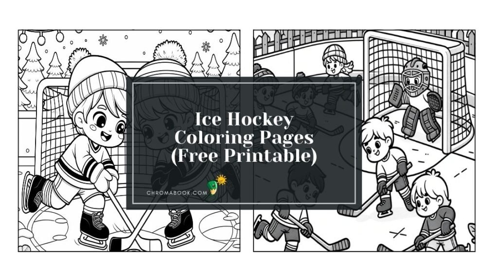 A dynamic ice hockey scene featuring players, a puck, and a goal, perfect for a fun coloring page. Enjoy this free printable!